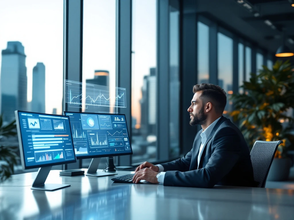A professional in a modern office reviews lease data on digital screens, with EU skyline visible, symbolizing IFRS 16 compliance and insight.