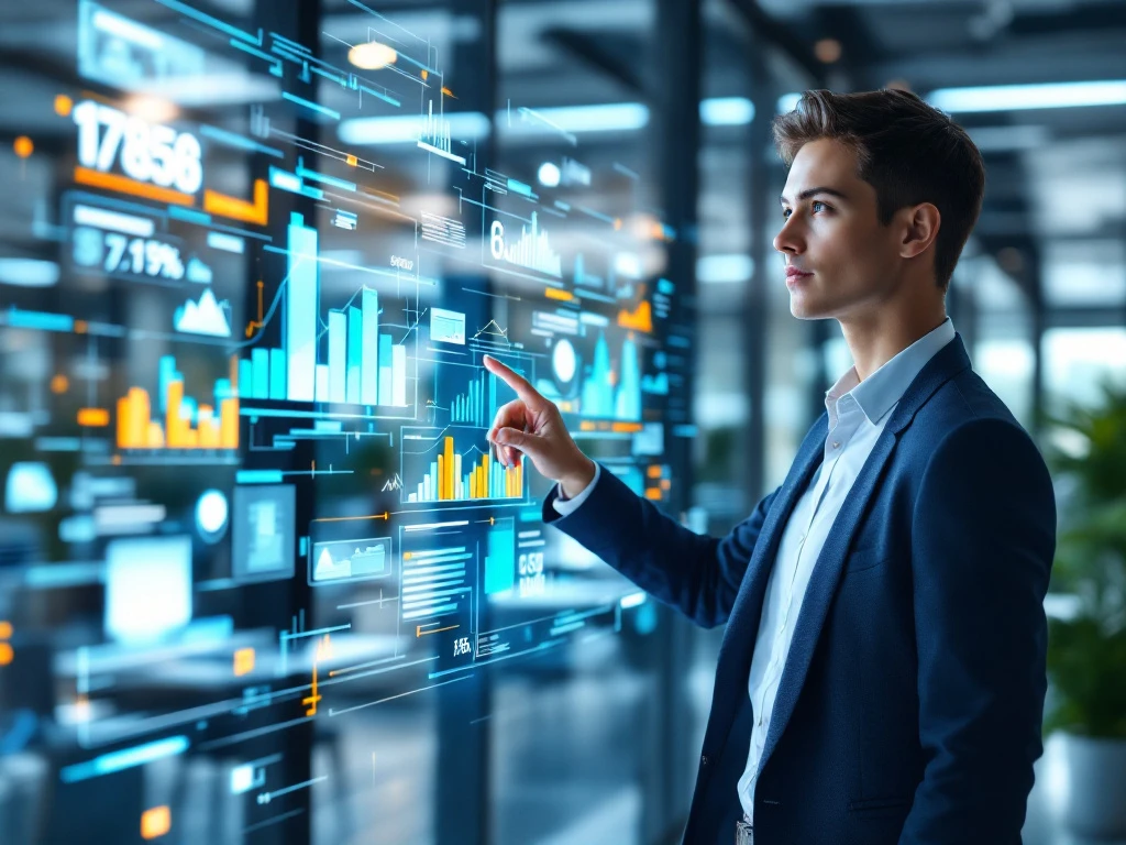A professional in a modern office uses a digital screen displaying lease metrics, symbolizing Fatman's innovative IFRS 16 solutions.