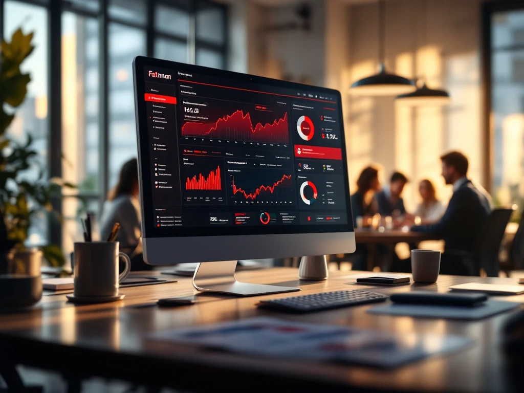 Modern office with a computer displaying consolidation software; diverse team collaborates, reflecting global financial expertise.