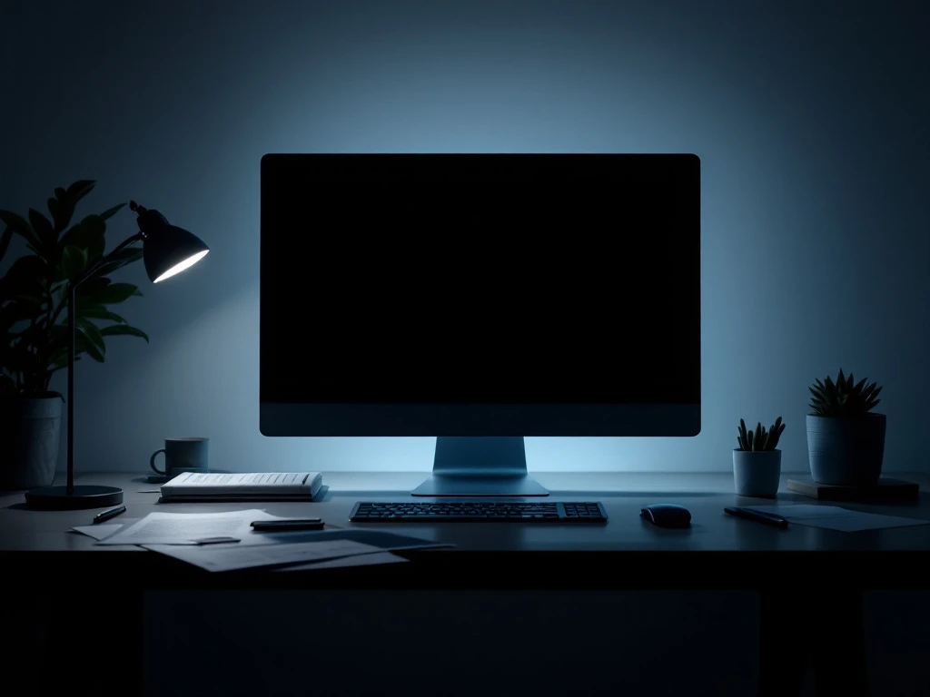 A dimly lit office with a high-end computer on a desk, symbolizing tech, privacy, and IFRS 16 compliance for Fatman's SaaS solutions.