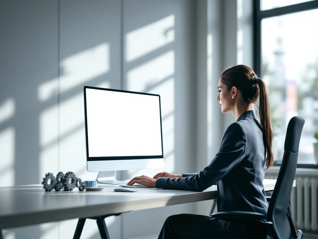 Professional woman at a modern desk with a blank computer screen, symbolizing focus and innovation in a sleek office setting.