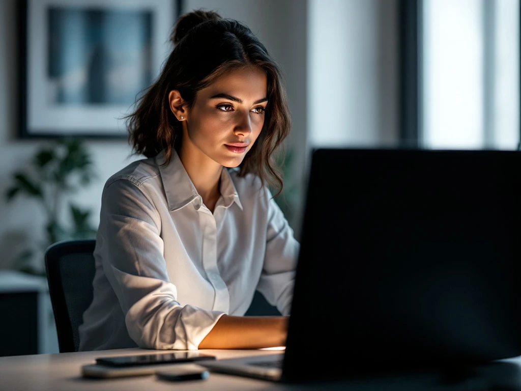 A woman in a modern office works at a computer, reflecting professionalism and innovation, aligned with Fatman's SaaS lease solutions.