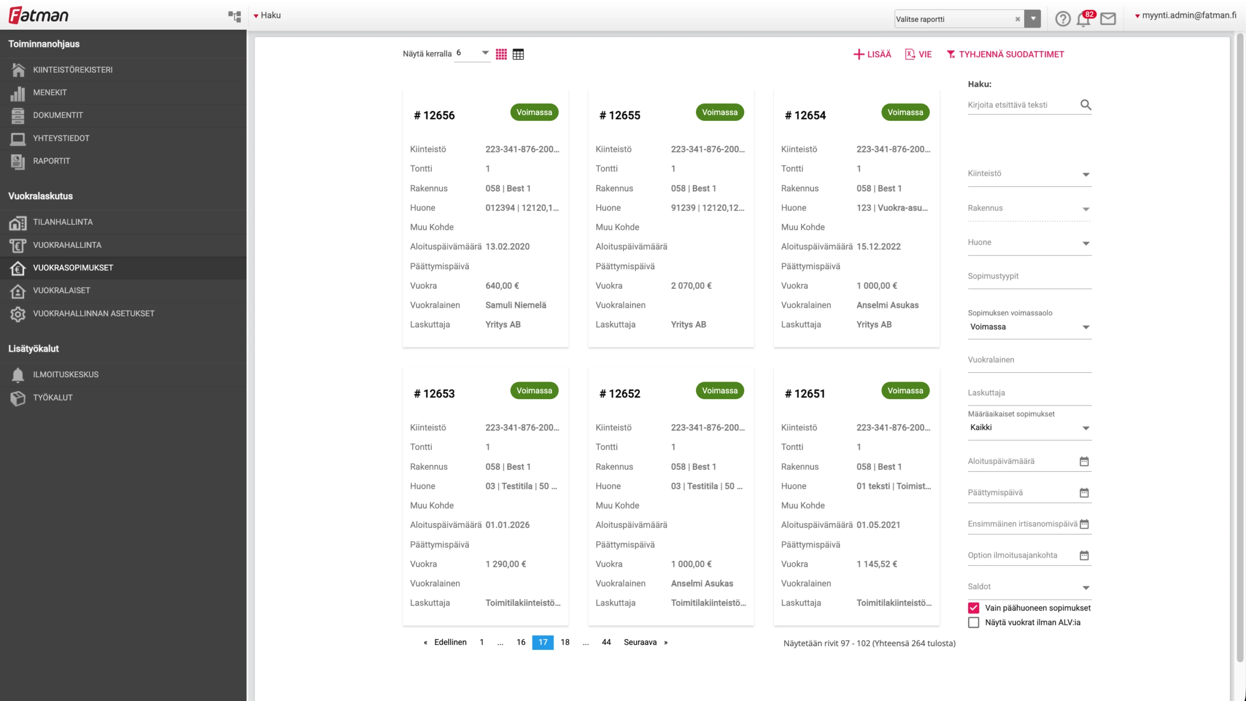 Frame Vuokralaskutus ja Vuokrasopimusten hallintajärjestelmä.